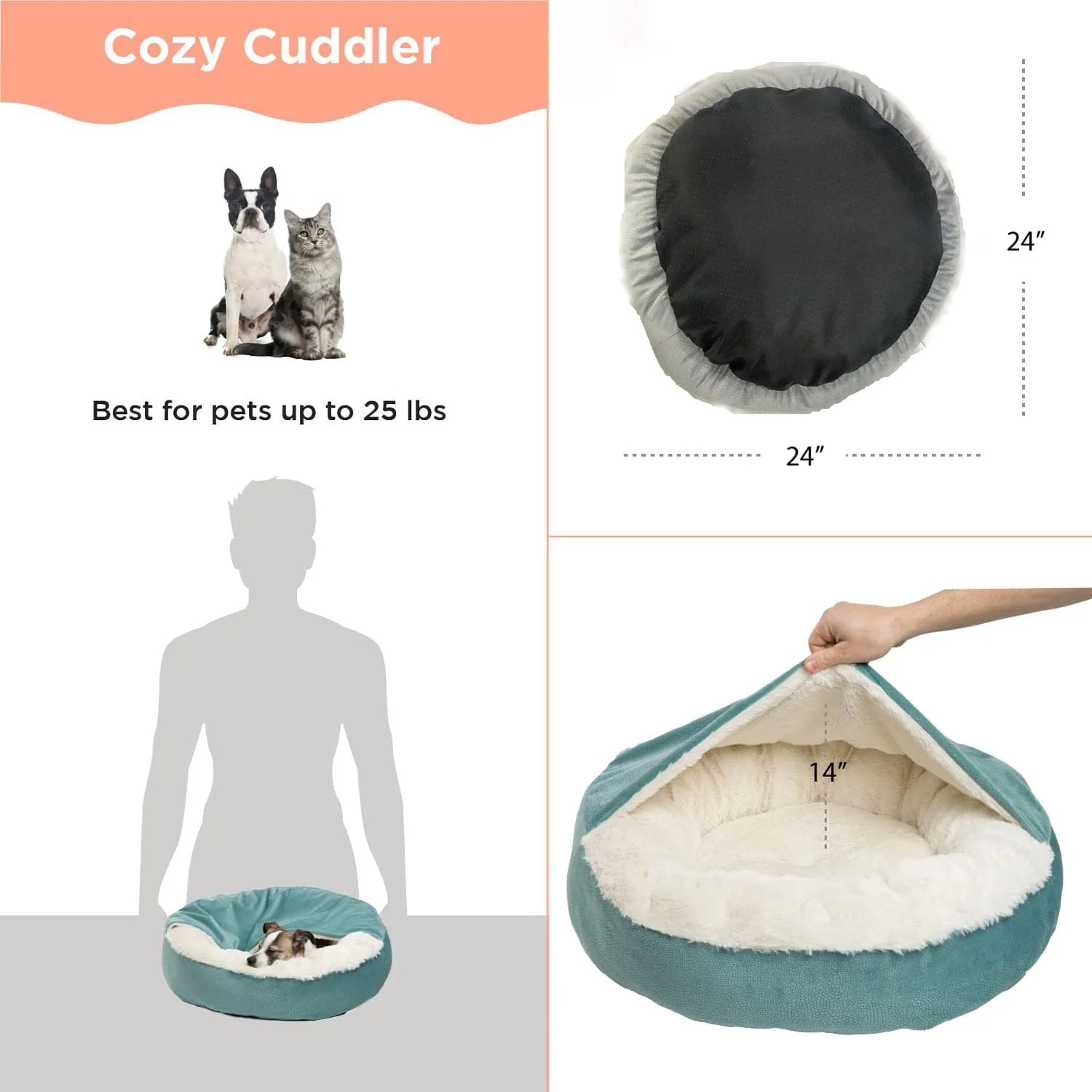 Washable Round Dog Cat Bed with Attached Blanket, Soft Plush Cozy Donut Cuddler, Hooded Pet Beds, Orthopedic Calming Cat Cave