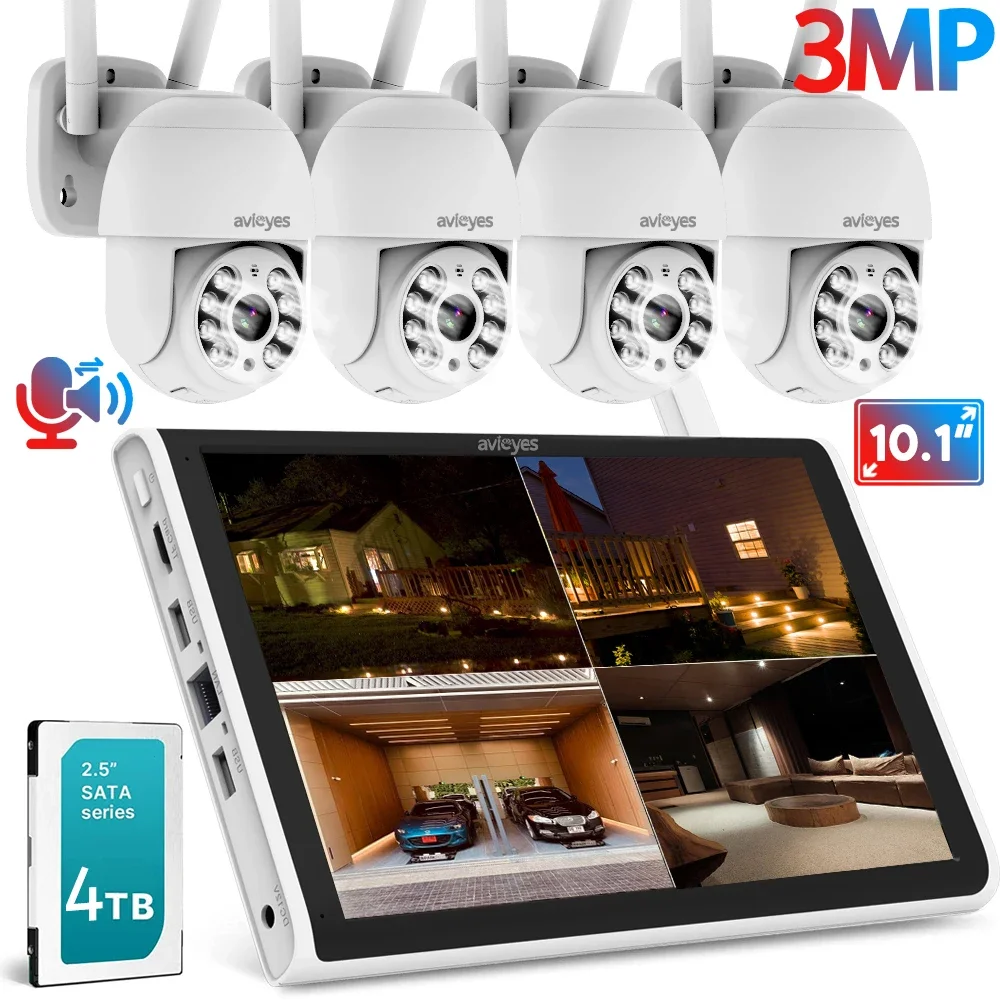 3MP WiFi Home Security CCTV Kit 10.1"Monitor NVR Set Wireless PTZ Camera System 2-way Audio Security Cameras Set with SATA HDD