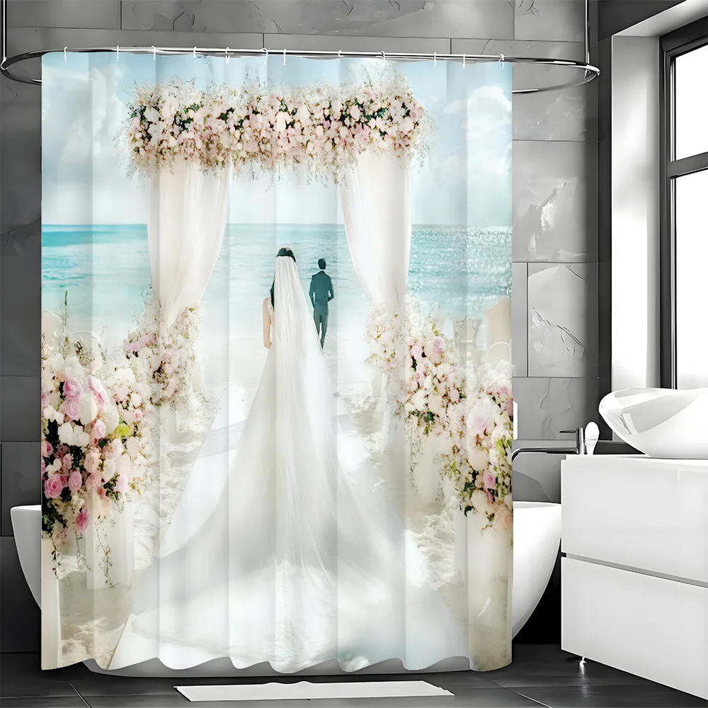 

Романтическая пляжная свадебная сцена, занавеска для душа, моющаяся грязеотталкивающая насадка для душа, водонепроницаемая полиэстеровая занавеска для ванны для домашнего декора