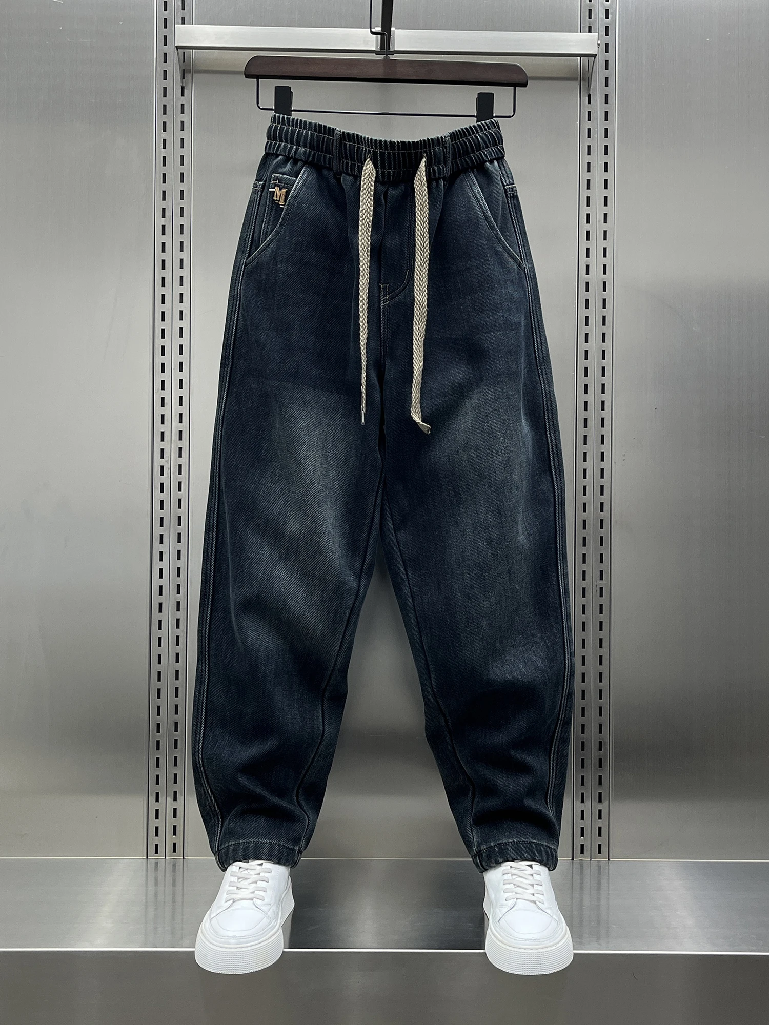 

Модные зимние новые мужские джинсы в американском ретро-стиле, свободные брюки-харланы с манжетами, молодежные, из хлопка, нейлона и спандекса