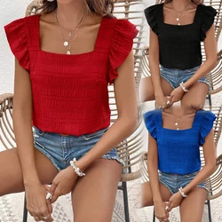 Fashion Casual T-shirts Solid Color Square Neck Top Women Short Ruffle Sleeves Women's T-shirt Soft Comfortable Summer Tops