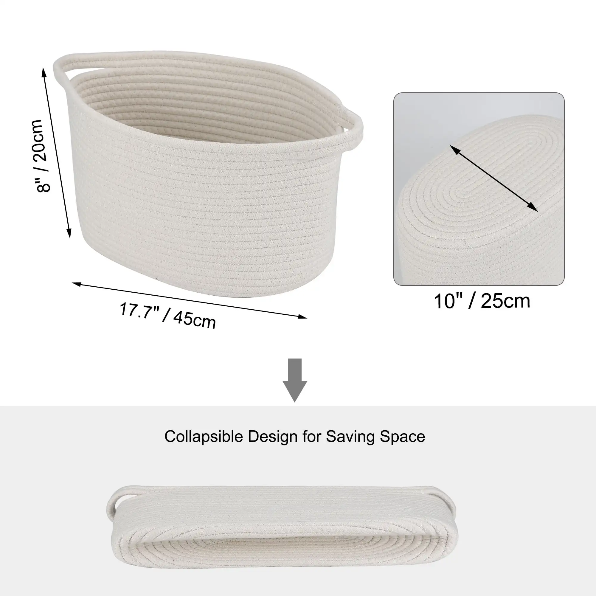 Storage Basket Cotton Rode Woven Container Handles 2 Pack White