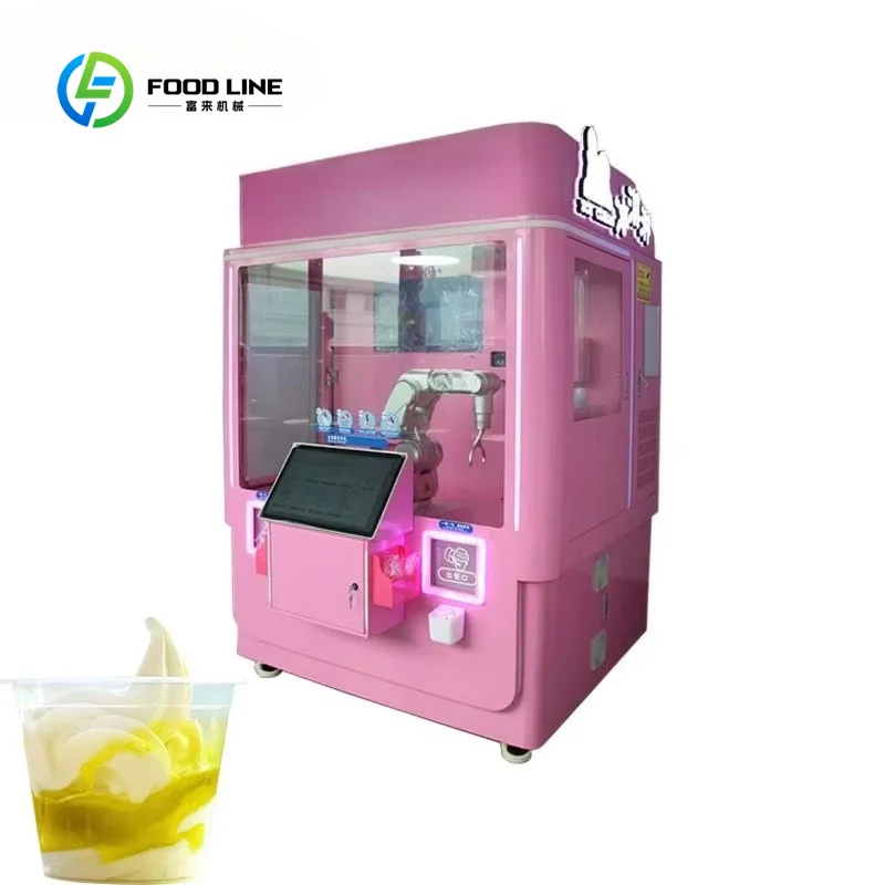 Customized Pink Six-Axis Robotic Ice Cream Vending Machine, Multi-Function Touch Screen Unmanned Dessert Kiosk Equipment
