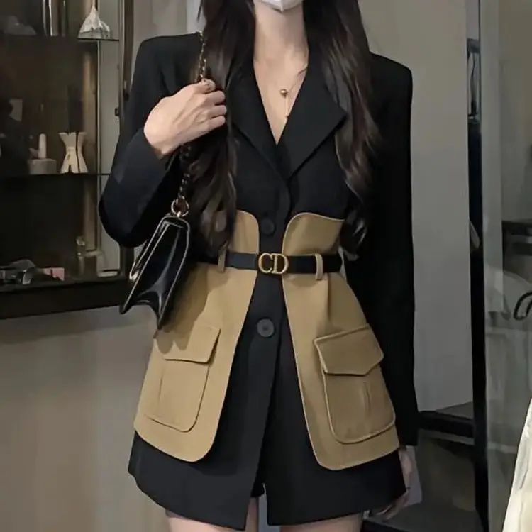 

Blazer Design Spliced Pocket Korean Shrug Notched Single Breasted Original With Belt Women Fashion New Loose Blazer