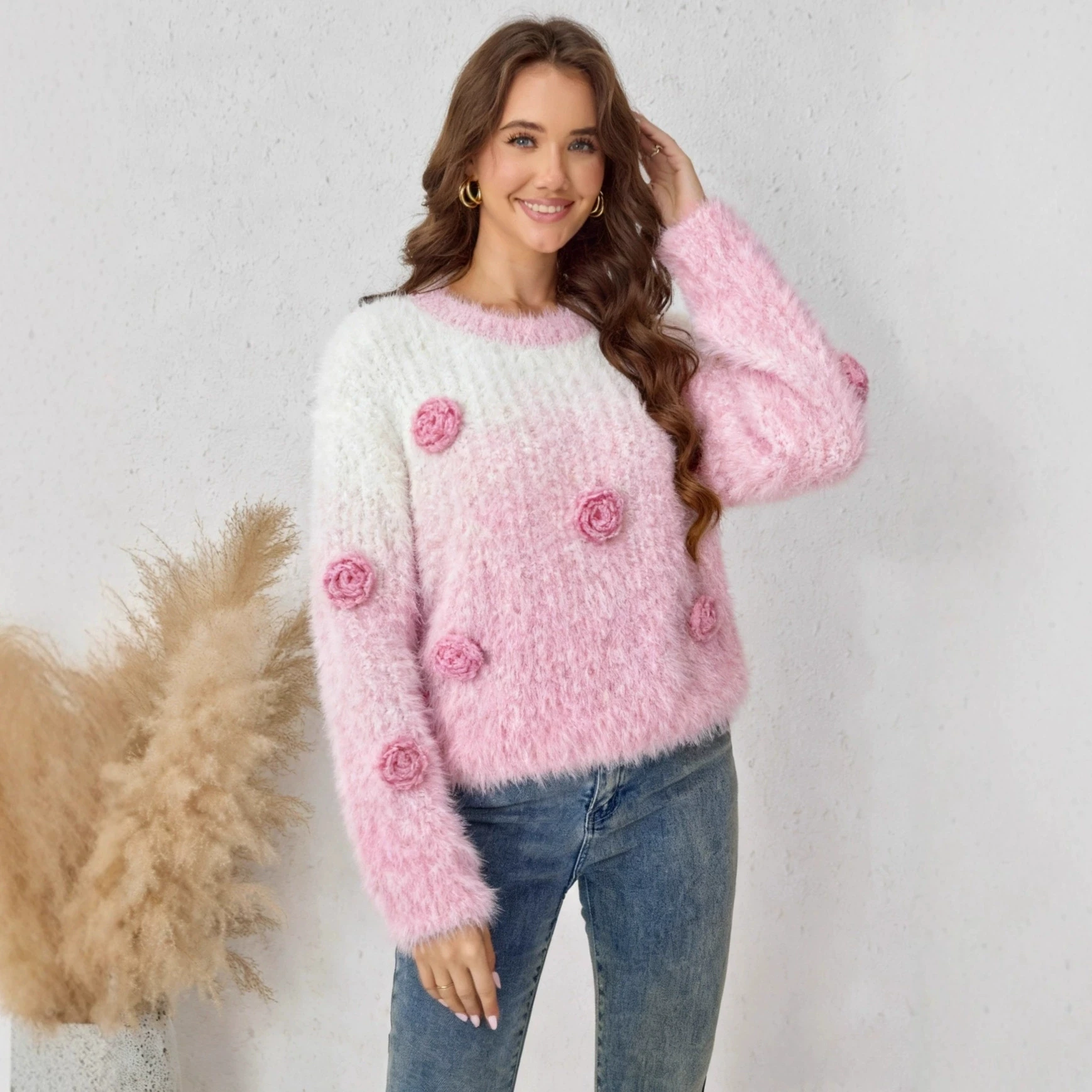 

Новый женский розовый вязаный пуловер с 3D цветочным принтом, свитер с длинными рукавами и круглым вырезом, сохраняющие тепло, винтажная модная одежда, женский свитер 2025 г.