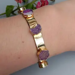 YYGEM  11mm Natural Agate Druzy Multi Shape Gold Color Bangle Bracelet Jewelry Gift For Women