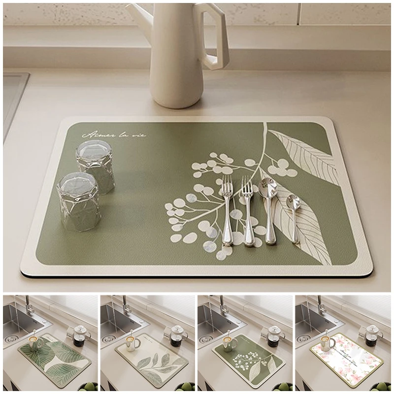 Drain Mat Diatomite Kitchen Mats Super Absorbent Dish Drying Pad Non-slip Drainer Rug Green Leaves Quick Dry Tableware Rugs