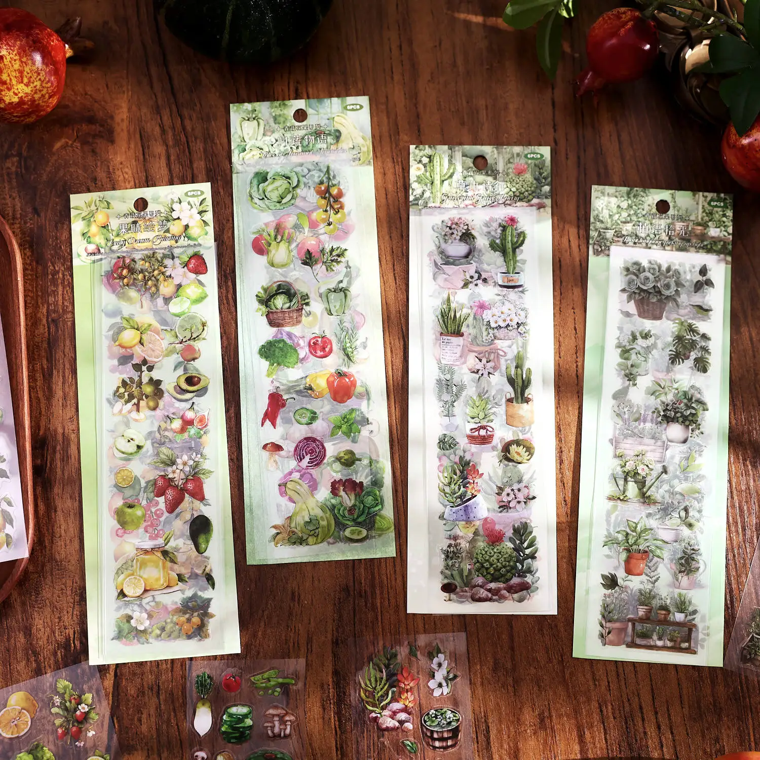 JCAC 6 Unique Plant PET Sticker Sheets, Green Vegetable & Fruit Series, Journal Card Decoration Stickers, 4 Styles Available