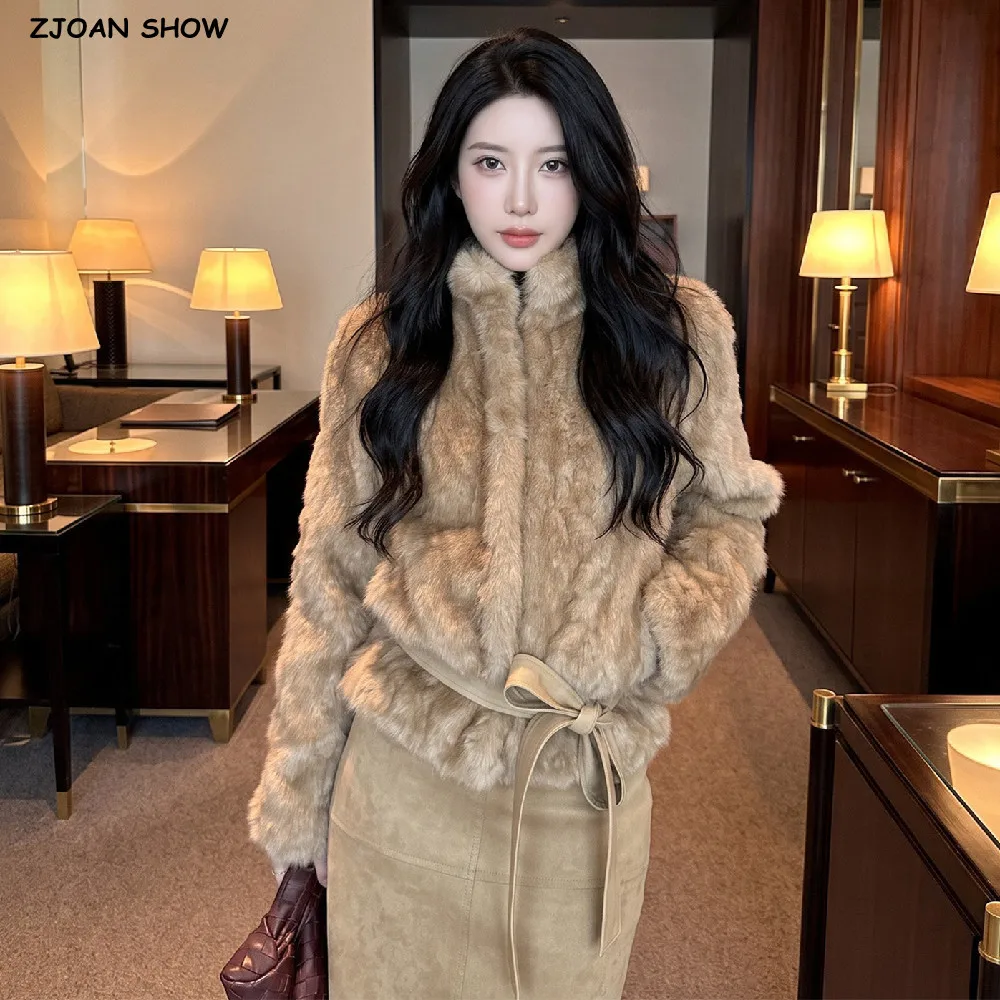 Autumn Winter Women Vintage Stand Collar Covered Buttons Faux Fur Coat Tie Bow Faux Leather Sashes Long Sleeve Warm Outerwear