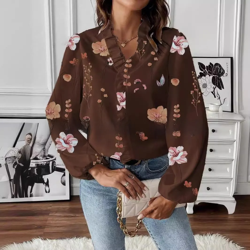 فانوس نسائي طويل مطبوع مع ياقة مكشكشة للتنقل من ألياف البوليستر 00% فانوس Sve نمط زهور رفيع عادي #4