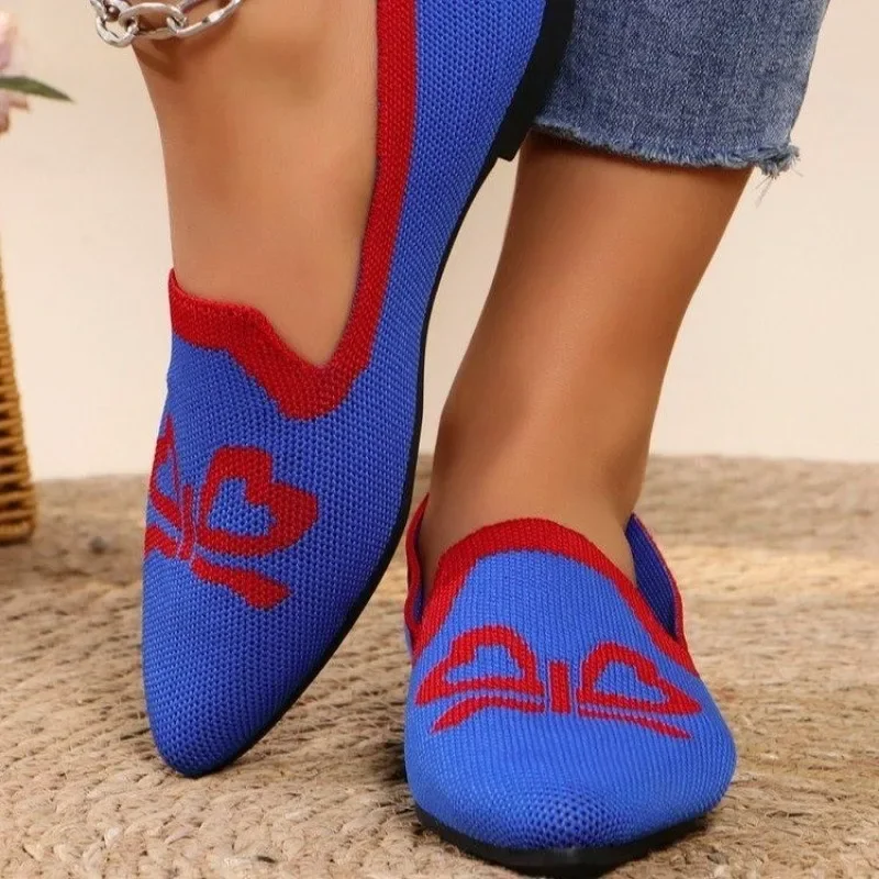 Autumn Women Casual Shoes for Woman Slip-on Pump Knit Single Flat Shoes Breathable Pointed Head Ladies Cloth Loafers Size 43