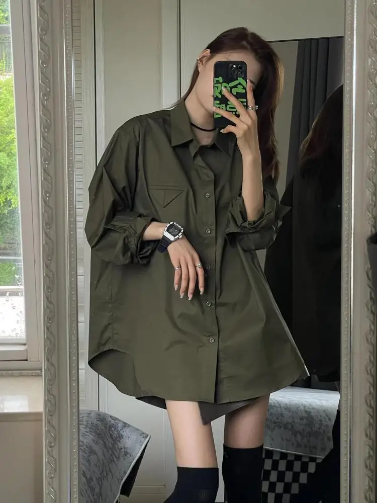 

Spring Autumn Women's 2025 New Green Long Sleeve Single Breasted Loose Shirt Trendy Fashion Casual Holiday Versatile Tops Korean