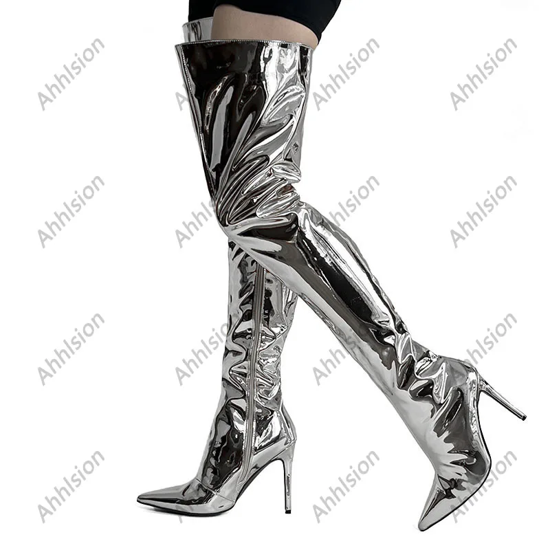 Ahhlsion New Fashion Women Winter Thigh Boots Stiletto Heels Pointed Toe Gold Silver Cosplay Shoes Ladies US Plus Size 5-15