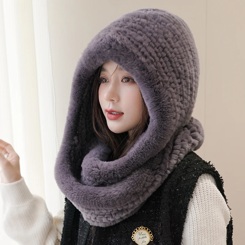 Hot Sale New Women Real Knitted Rex Rabbit Fur Hat Hooded Scarf Long Winter Warm Fur Hat With Neck Collar Scarves Hat Scarf