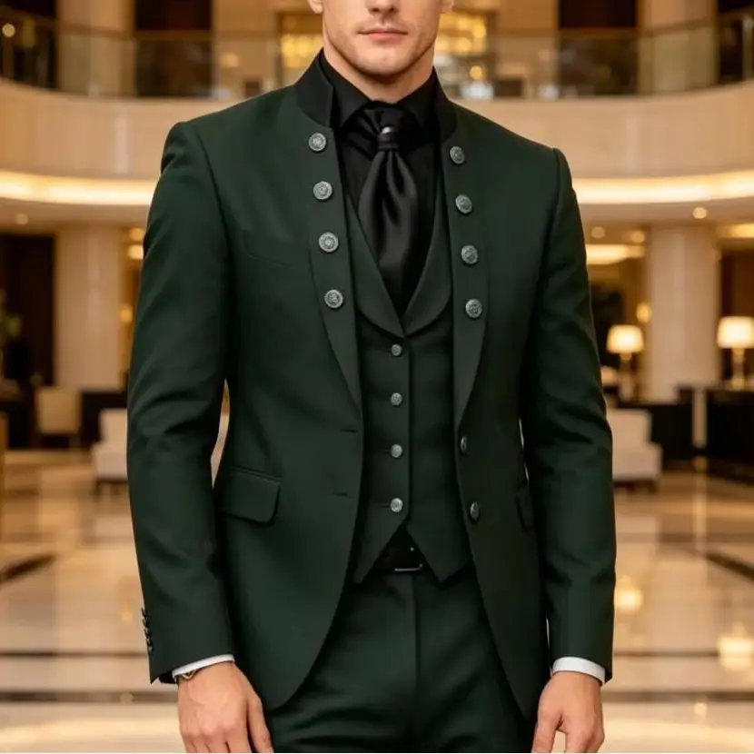 

Latest Design Dark Green Formal Men Suits Wedding Party Groom Groomsman Prom Business Male Tuxedos 3 Piece Set Jacket Vest Pants