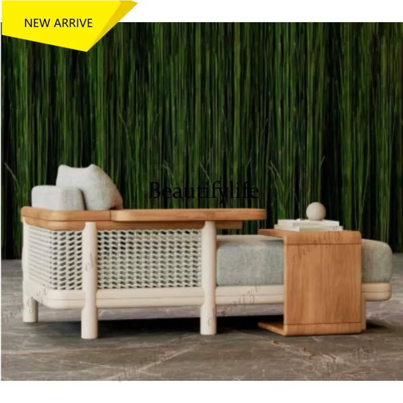 D136 Outdoor teak sofa courtyard rain and sun protection solid wood rattan furniture leisure garden villa open-air hotel combina