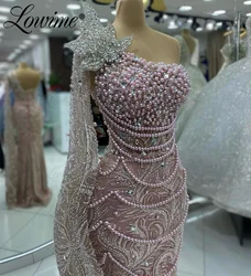 Pink Long Cape Sleeve Full Beading Prom Dress Arabic Shiny Sequined Engagement Wedding Party Dresses Crystal Evening Gowns Robes