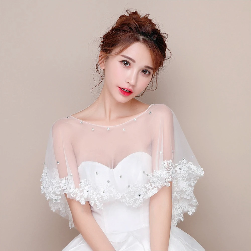 

Embroidered Lace Crystal Beads Bridal Shawl Tulle Wraps Wedding Bolero Covered for Party Dress Wedding Accessories Ivory Capes