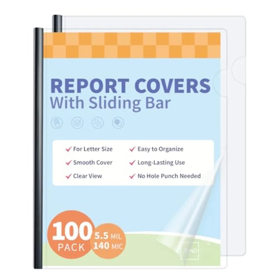 

100 Pack Clear Report Covers with Sliding Bars 25 Sheet Capacity 5mm Binding Bars Letter Size 5.5 Mil Thick Black for Students