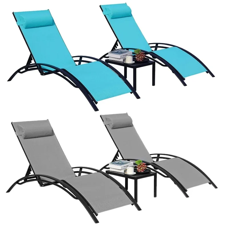 Sun Lounger Recliner Set Aluminum Chaise Lounges,Reclining Chair With 5 Adjustable Backrest, Head Cushion, Table For Garden