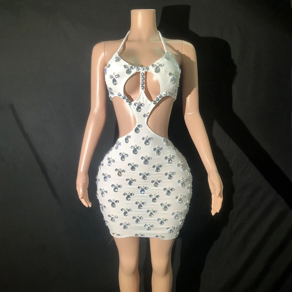 Customized Gauze Hollow Out Lace Pearl Transparent High Elastic Sequins Sexy Tight Dress Birthday Party  Dress Performance Dress