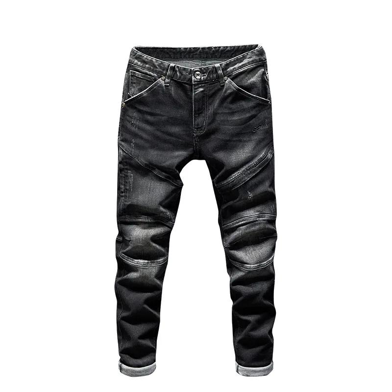 2024Autumn Men's Black Jeans High Quality American Zipper Stitching Stretch Slim Street Fashion Haulage Motor Trousers