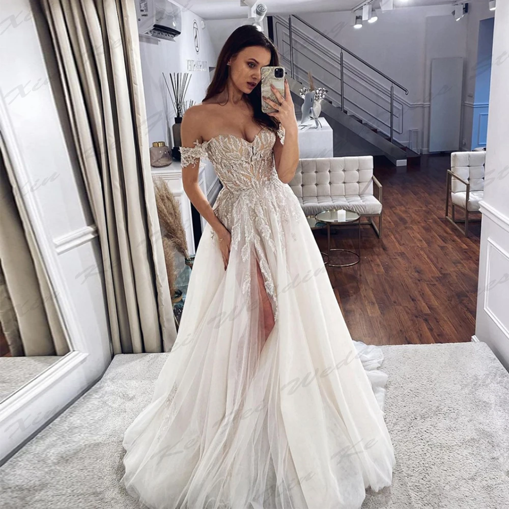 Luxury Wedding Dresses A line Sexy Mermaid Off Shoulder Short Sleeved High Slit Fluffy Princess Style Simple Mopping Bride Gowns