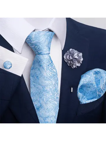 Hot Sale Luxury 8 cm Blue Floral Ties Pocket Square Cufflinks Brooch Set For Man Suit Accessories Holiday Gift Fit Formal Party