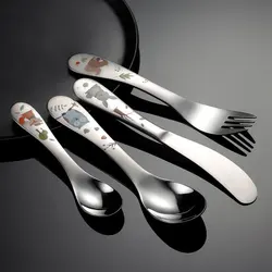 4PCS/Pack 304 Stainless Steel Kids Cutlery Cartoon Pattern Carving Children Tableware Western-style Spoon Fork Set Baby Flatware