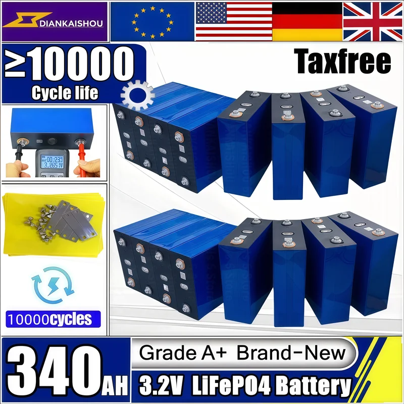 

Grade A 3.2V 340Ah LiFePO4 Battery 10000 Cycles Lithium Iron Phosphate Rechargeable Cell DIY 24V 48V RV EV Golf Cart Solar