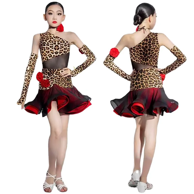 

Children's Latin Dance Dress Girls Leopard Print Separate Set Dance Performance Dress Little Children Latin Dance