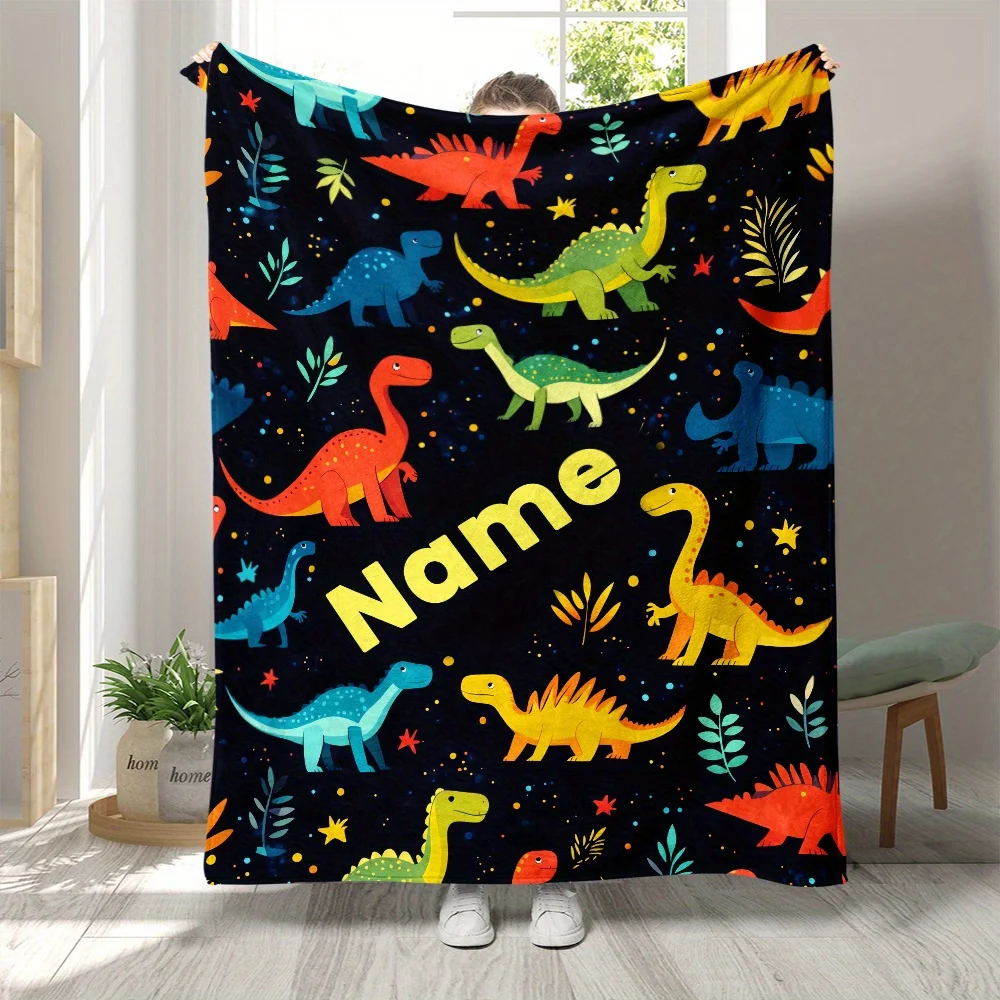 1 Stück Flanelldecke mit individuellem Namen und Dinosaurier-Aufdruck, Glam-Stil, für alle Jahreszeiten, leichtes Fantasy-Thema für Zuhause, Bett, Sofa, Büro, Reisen