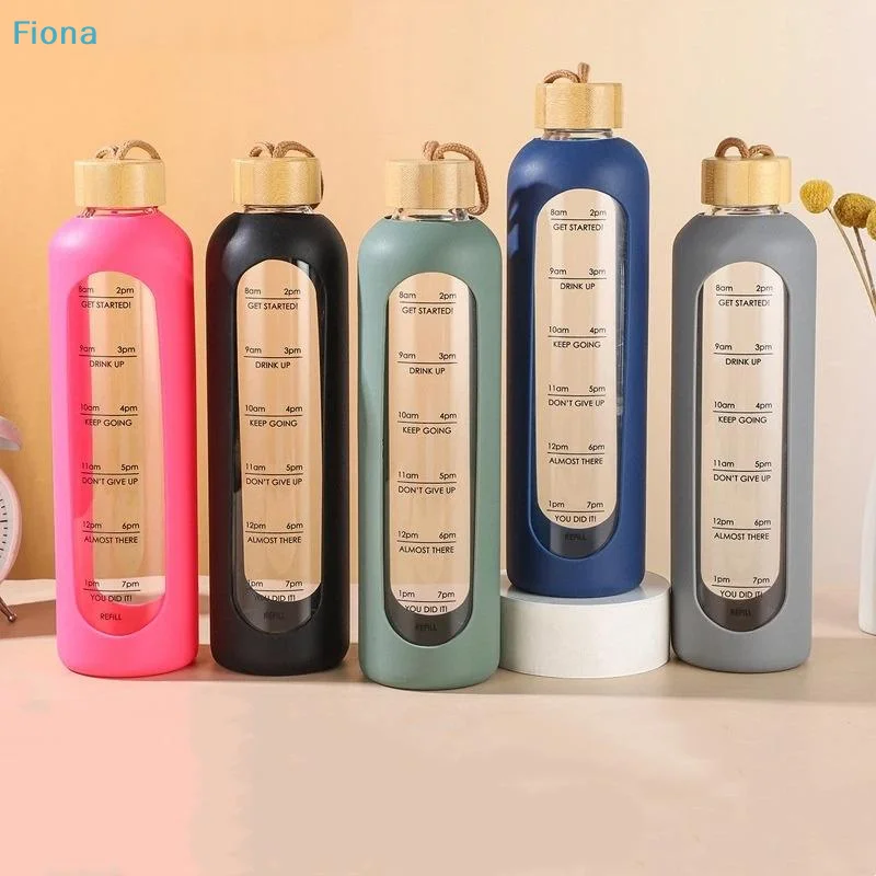 ✔Time Marker Glass Water Bottle with Silicone Sleeve & Bamboo Lid, Motivational Water Bottle for Daily Hydration