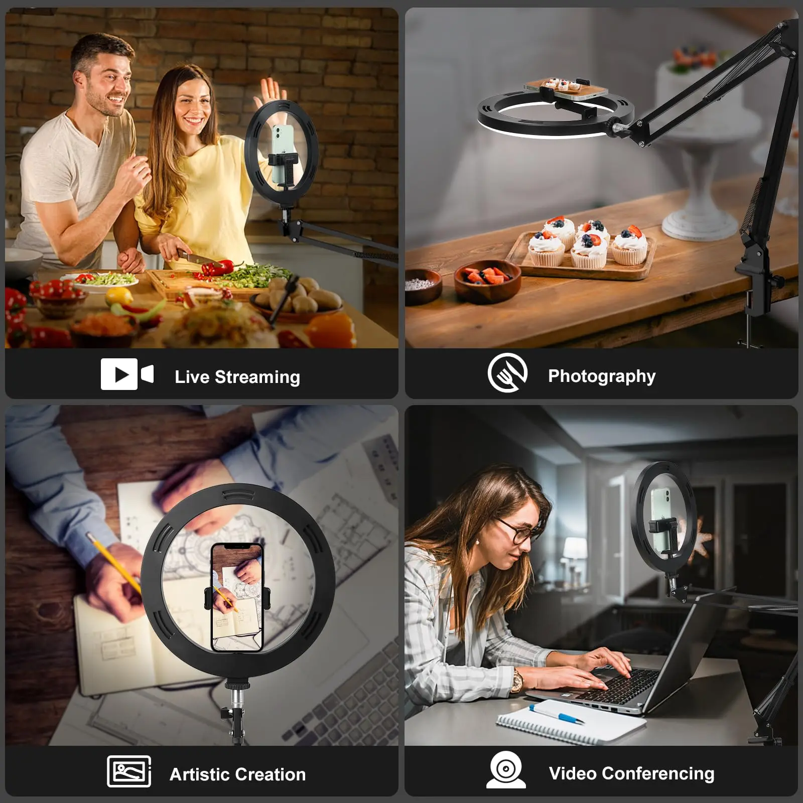 Bel treppiede sopraelevato con luce ad anello per telefono cellulare Tavolo per riprese video desktop Trippa orizzontale per smartphone per Cook Fil