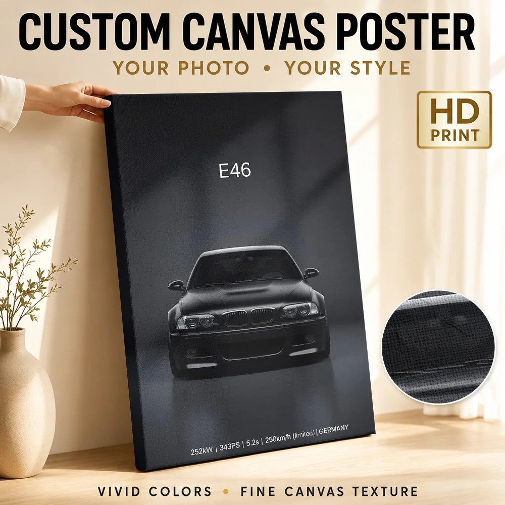 Black Sports M3 E46 Front View Canvas Print Poster Customized Photo Modern Aesthetic Wall Paintings Decoration for Dining Room