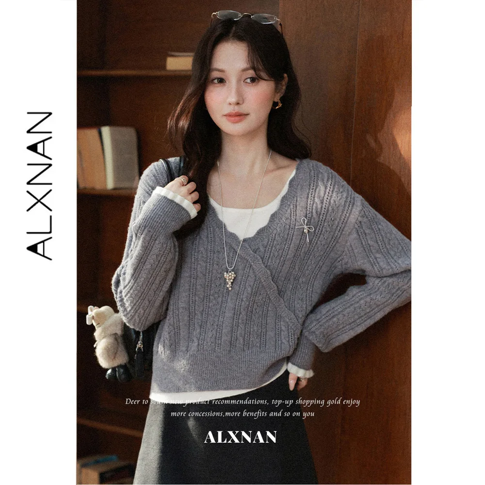 ALXNAN Gray Sweater Women 2026 Fall V-neck Chest Bow Hollow Out Design Long Sleeve Pullover Elegant Fashion Female Top DYL663127