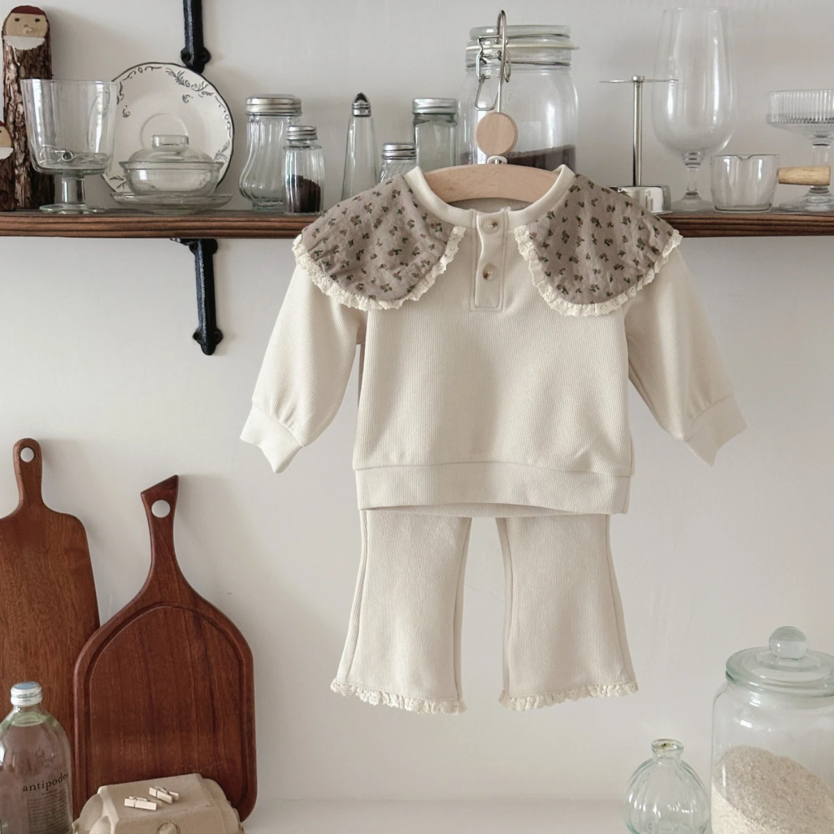 2Pcs Kids Floral Collar Lace Long Sleeved + Trousers Tracksuit Spring Autumn New Baby Boy Girl Clothes Casual Fashion Suit