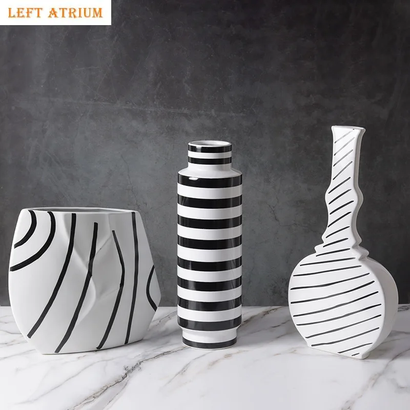 

Minimalist Black and White Striped Ceramic Vase, Living Room Flower Arrangement Container, Hydroponic Vase, Home Decoration