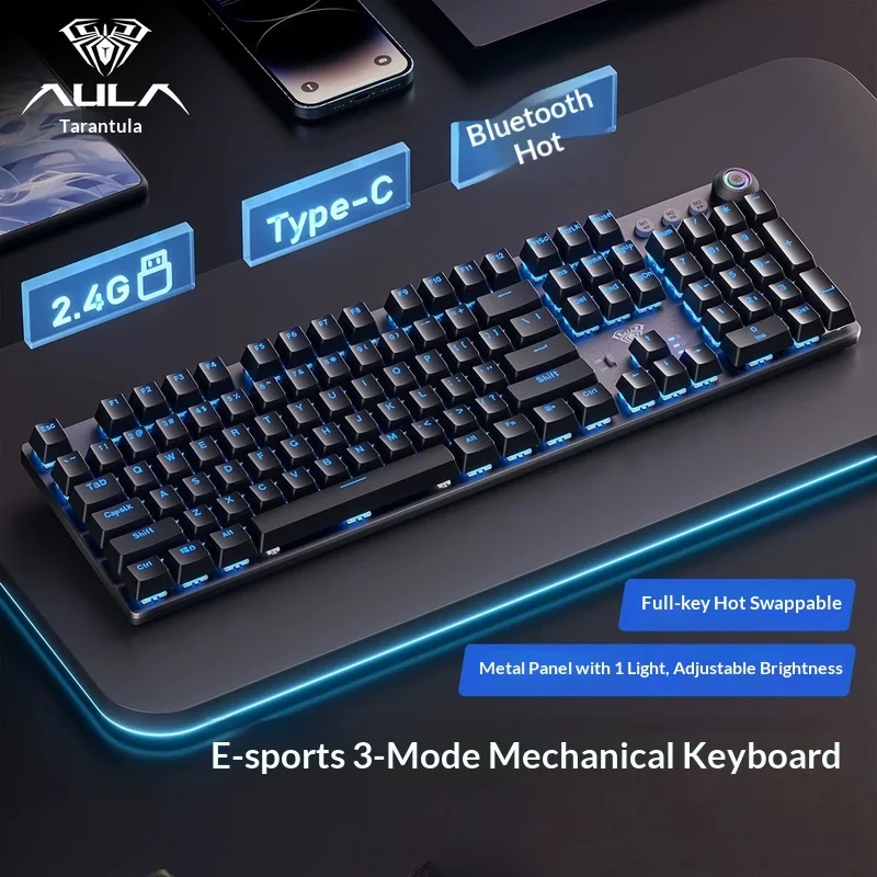 F2088air Aula Wireless Mechanical Keyboard 108 Keys Tri Mode Metal Knob Rgb Backlit For Gaming Office Laptop Desktop Computer
