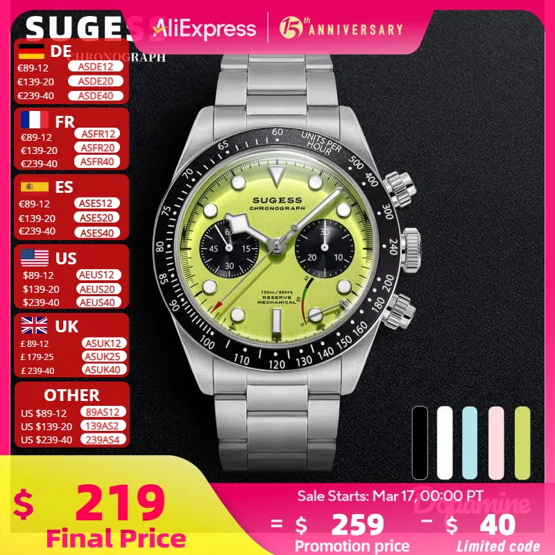 Sugess Pilot Watch Men Chronograph ST1907 Movement Air Force Mechanical Sapphire Crystal Wristwatches Waterproof Colorful S457