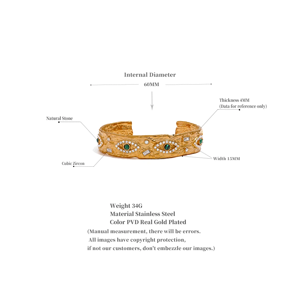 Yhpup 60mm Exquisite Stainless Steel Charm Eye Zircon Vintage Cuff Open Bracelet Bangle Delicate Gold Color High Quality Jewelry