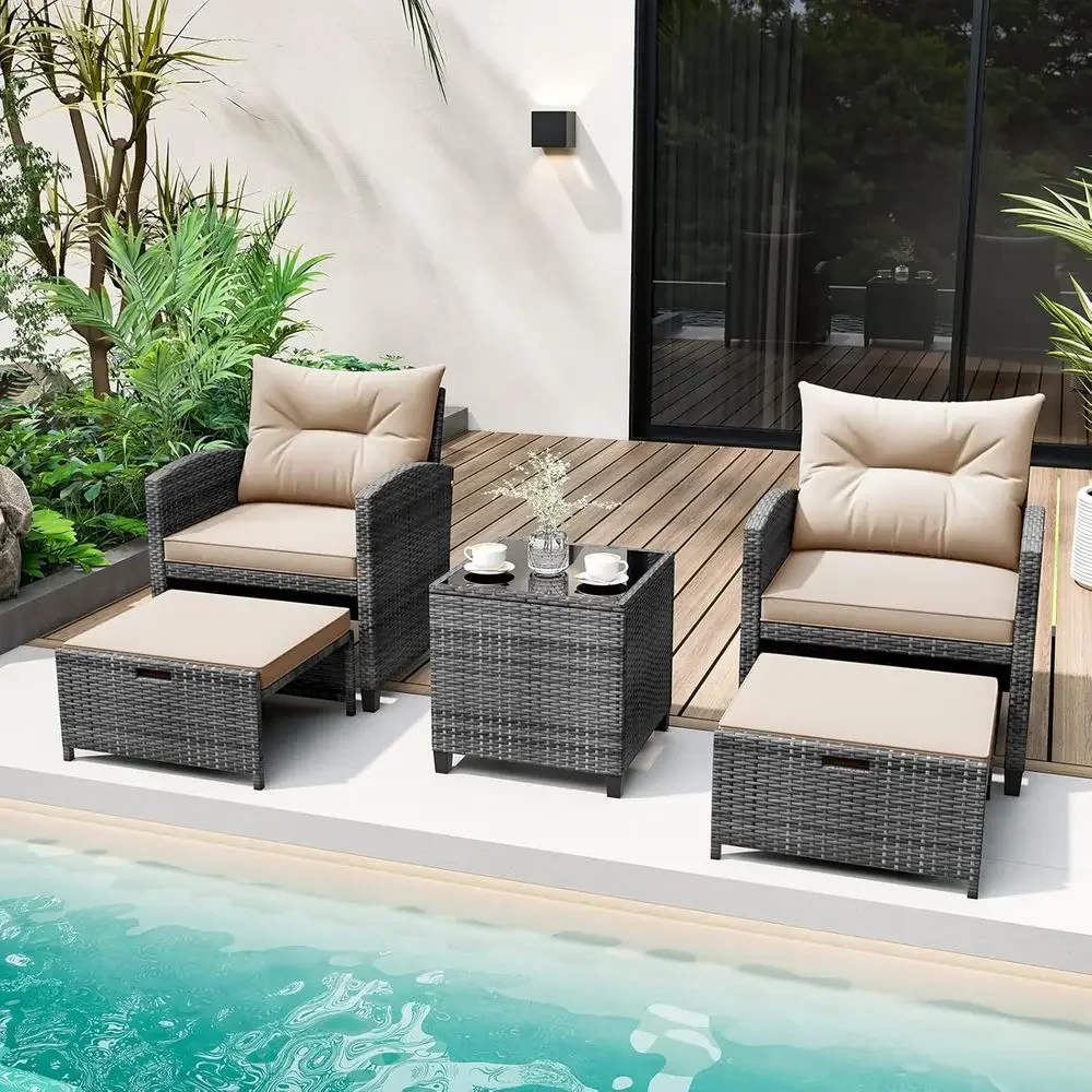 5-Piece Outdoor Wicker Patio Furniture Set with 2 Chairs, 2 Ottomans, and Glass Coffee Table in Grey & Beige for Poolside, Backy