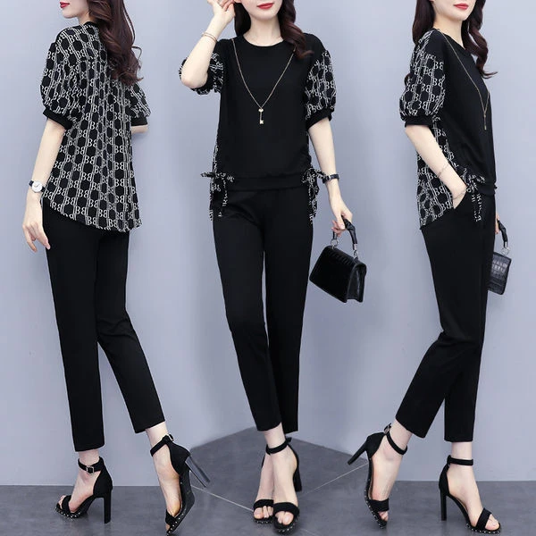 

Fashionable Splice Summer 2026 Women's Slimming Short Sleeve Top And Pants Two-Piece Set plus Size High End Casual Sportswear