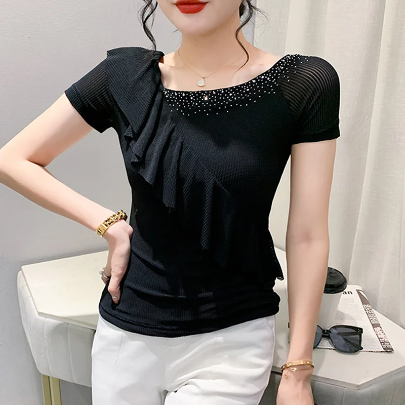 

#5545 Summer Black Beige Mesh T Shirt Women Skew Collar Ruffles Diamonds Sexy Club Short T-shirt Short Sleeve Streetwear Tshirt