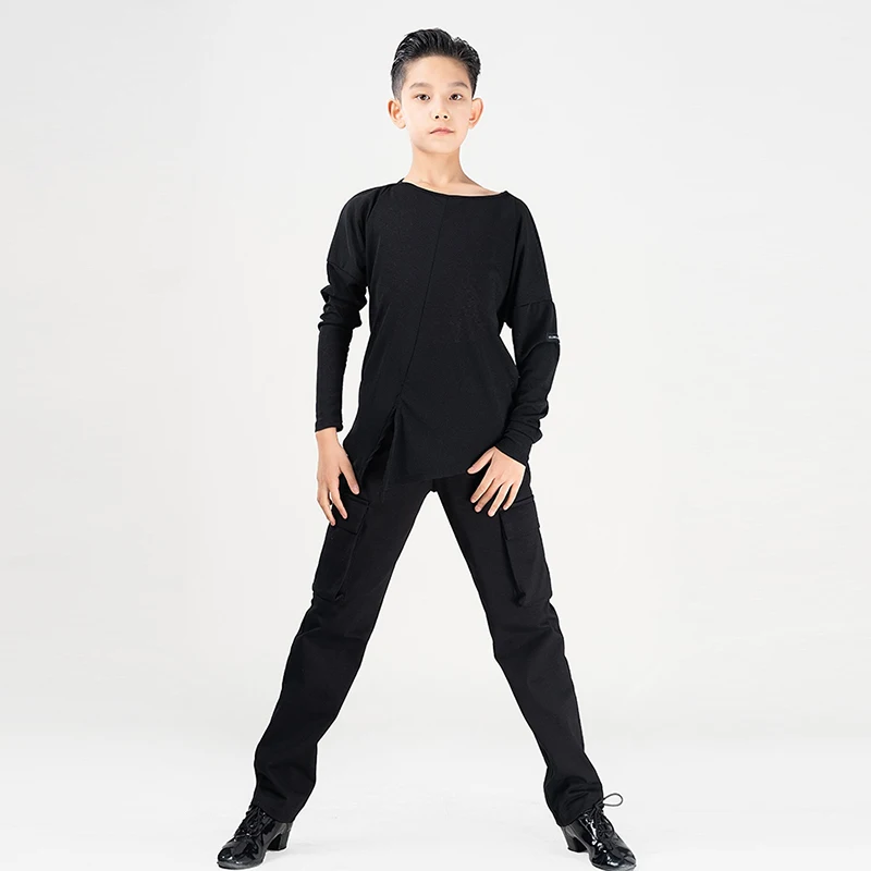 Boys Latin Dance Performance Wear Black White Bat Sleeve Tops Pants Rumba Tango Waltz Dancing Clothes Practice Wear VDB8044