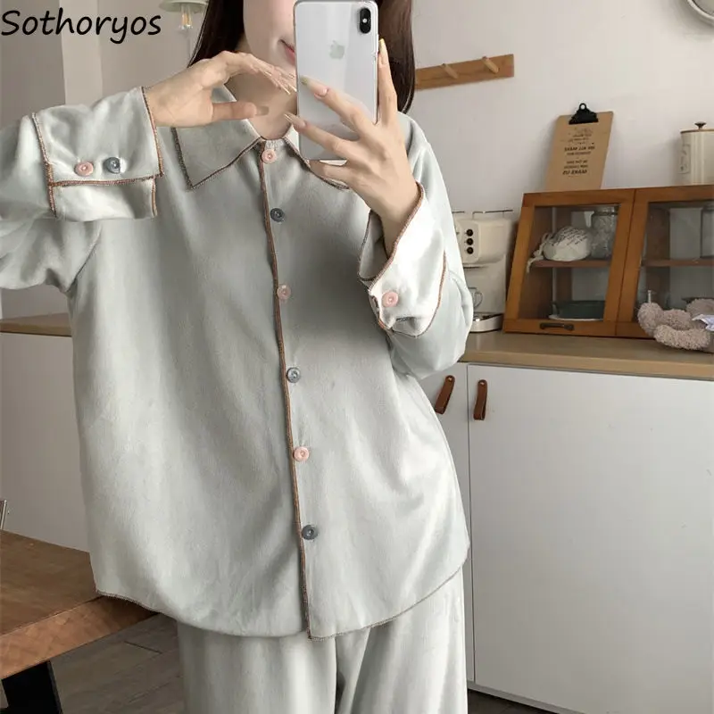 

Plus Velvet Pajama Sets Women Cozy Home Colorful Buttons Lazy Loose Sleepwear Fashion Students All-match Ulzzang Spring Autumn