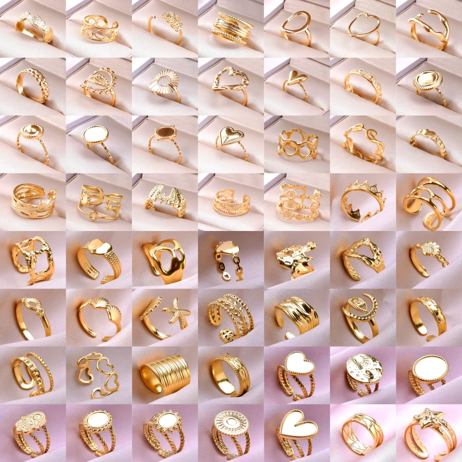 Stainless Steel Fashion Love Heart Abstract Punk Crown Shell Knuckle Ring Gold Color Jewelry For Women Trendy Adjustable Rings