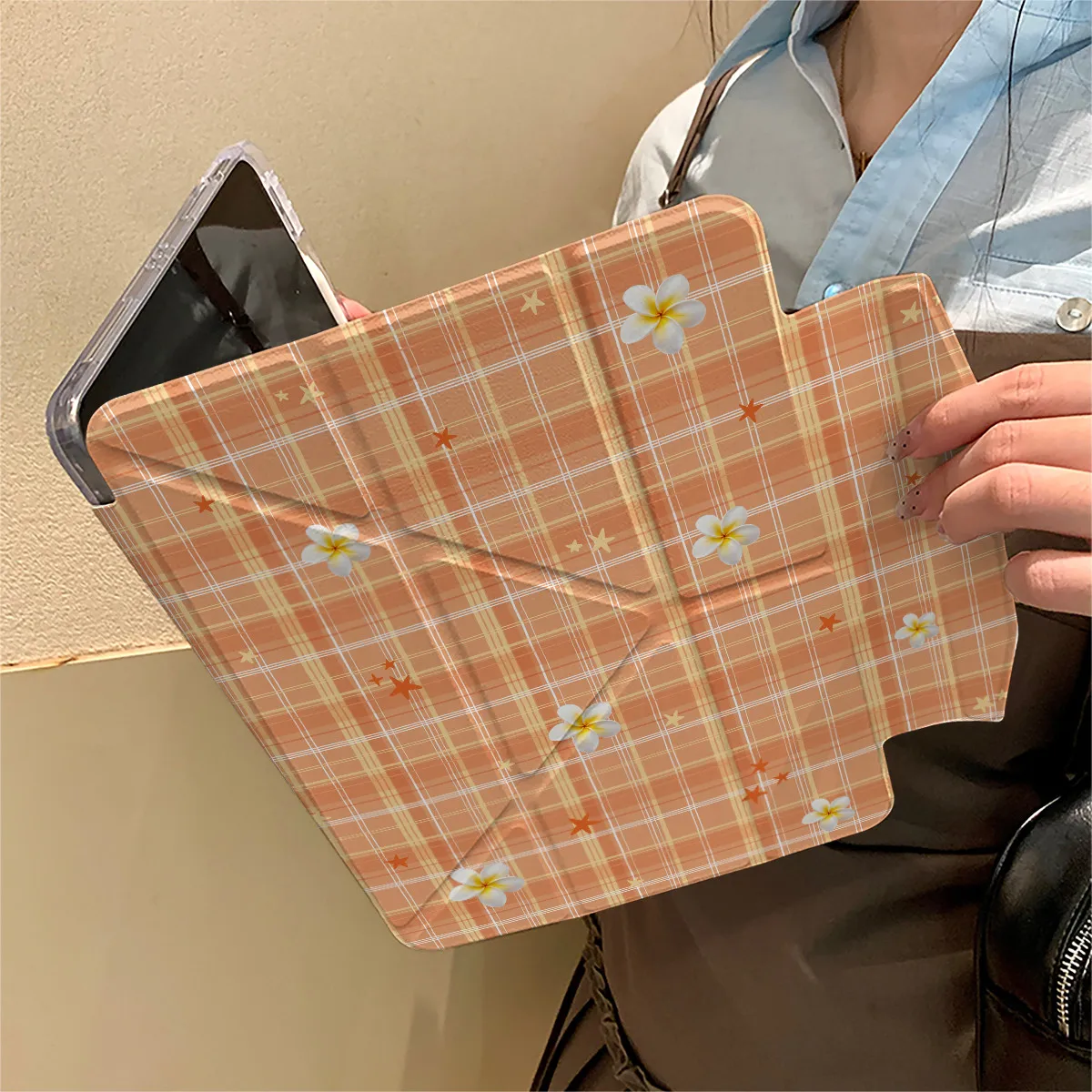 

Fusang Flower Sea Orange Grid Pattern For iPad Pro Air M5 M4 M3 M2 13'' 2 1 11th A16 12.9" 10 9 8 7 6 5 Th Mini 7 6 8.3" Case