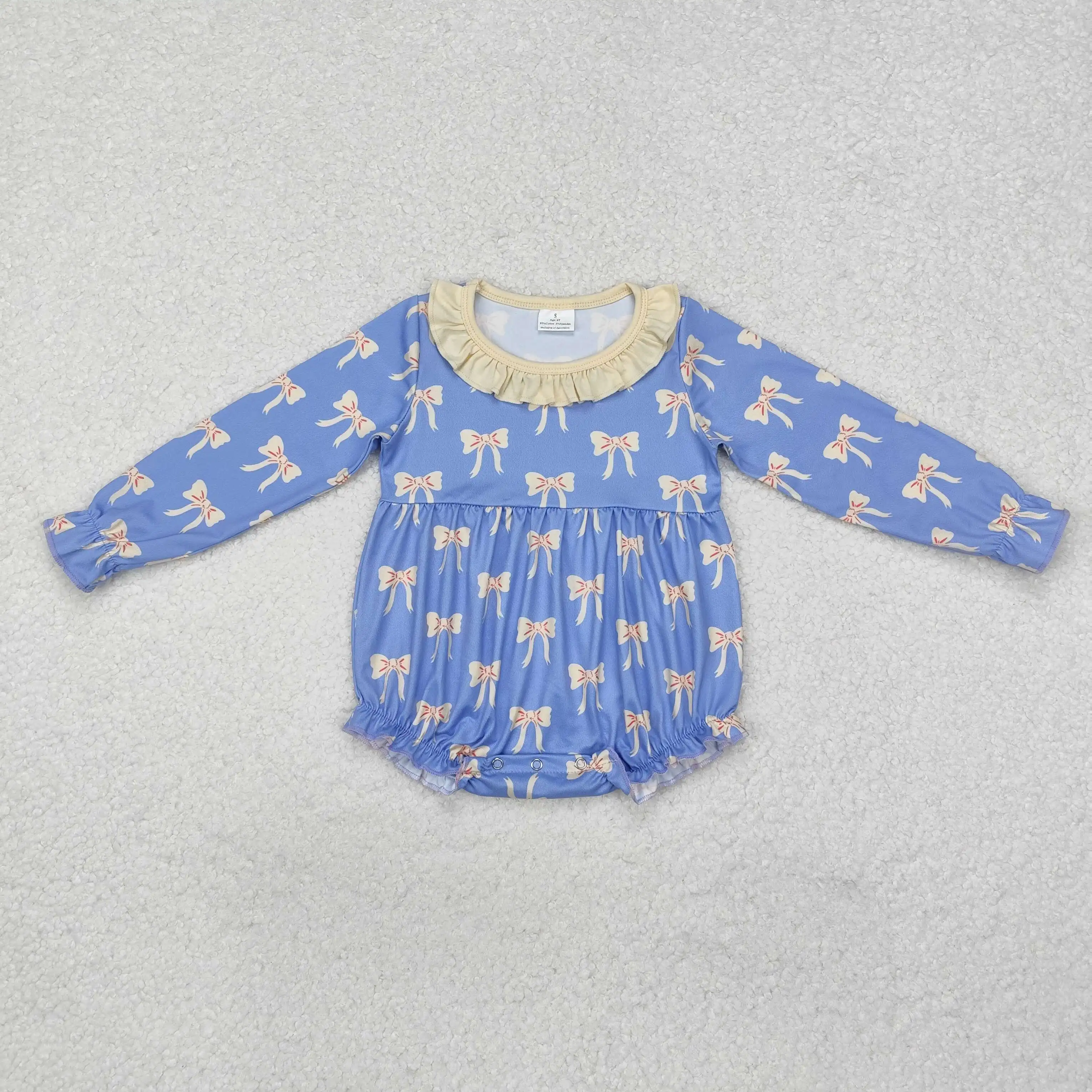 New rts Infant Girls Romper Clothes Wholesale Boutique Bow Pattern Blue Long Sleeve Milk Silk Girls Rompers