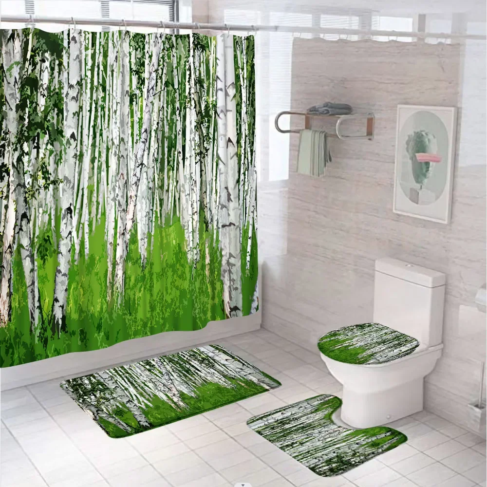 Birch Forest Shower Curtain Set Autumn Tree Woodland Purple Flower Nature Art Bathroom Decor With Bath Mat Rug Toilet Lid Cover